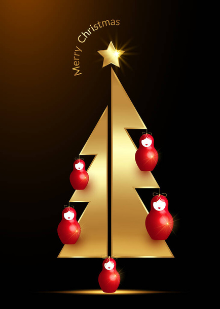 Goldener Weihnachtsbaum und Stern mit roten russischen Puppen-Matrioshka-Ornamenten. Symbol für ein frohes neues Jahr, frohe Weihnachten. Goldene Lichtdekoration. Heller Design-Vektor isoliert auf schwarzem Hintergrund - Vektor, Bild