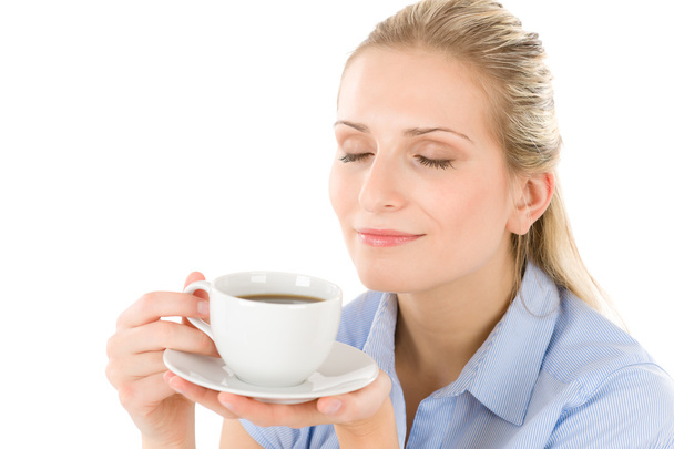Cheerful young woman with coffee - Foto, Imagem