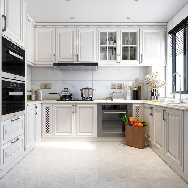 白いデザインホームキッチンの3Dレンダリング - 写真・画像