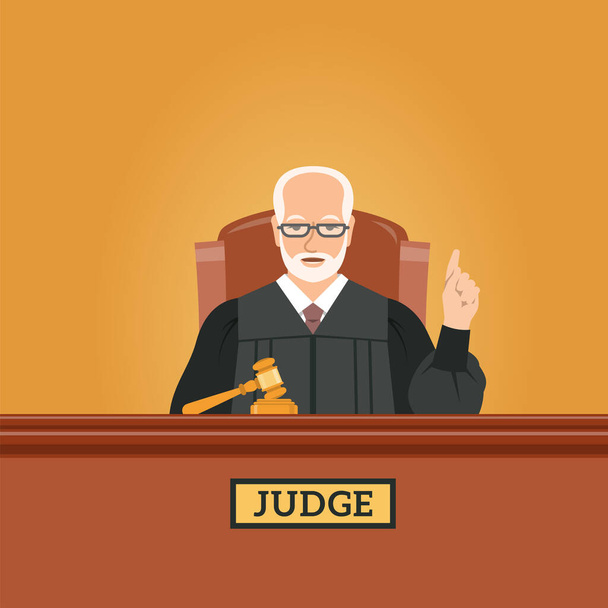 Sędzia dojrzały mężczyzna na sali sądowej z młotkiem wskazuje palcem na orzeczenie. Karykatura sądowa. Sprawy cywilne i karne proces publiczny. Koncepcja wektora płaskiego - Wektor, obraz