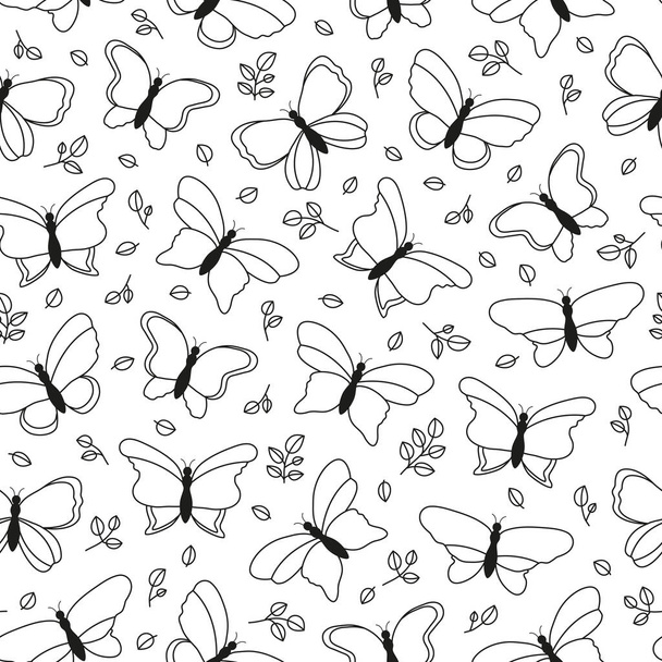 Black and white summer seamless pattern with outline butterflies and leafy branches. Seasonal natural background. - Vector, afbeelding