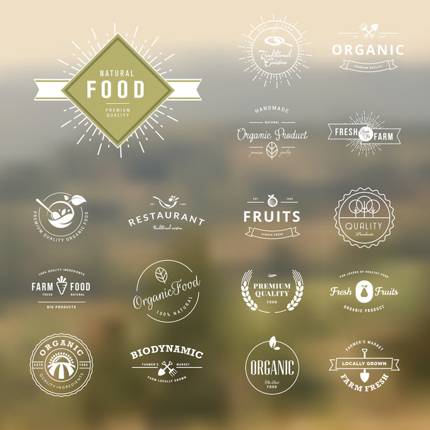 Set von Vintage-Stilelementen für Etiketten und Abzeichen für natürliche Lebensmittel und Getränke, Bioprodukte, biodynamische Landwirtschaft, auf dem Hintergrund der Natur - Vektor, Bild