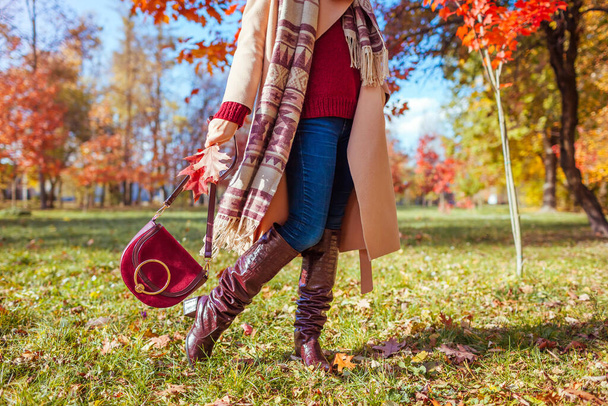 秋の公園を歩くスタイリッシュな服の靴やアクセサリーを身に着けているファッショナブルな女性。秋の女性服。トレンディバーガンディ膝高ブーツ、コートと財布 - 写真・画像