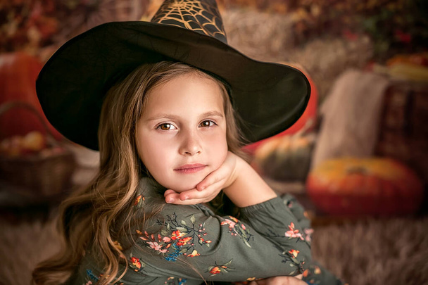 Happy Halloween. Portrait of a beautiful girl in a witch hat. Going to the Halloween party. He looks with a thoughtful, cunning look. Dark autumn background. - Photo, Image