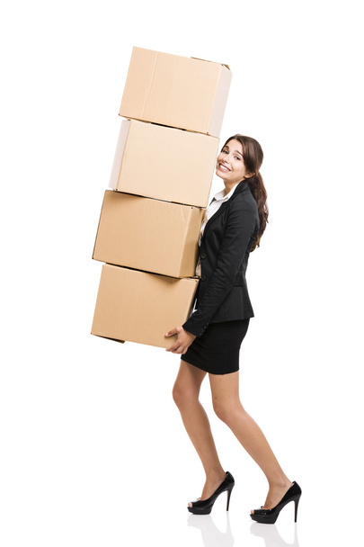 Mulher de negócios com caixas de cartão
 - Foto, Imagem