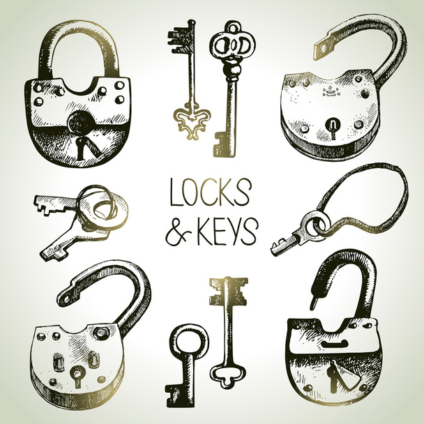 Hand drawn locks and keys - Vector, Image