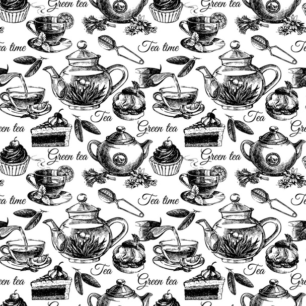 thee en cake naadloze patroon - Vector, afbeelding