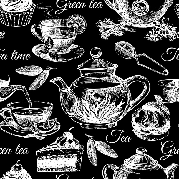 お茶とケーキのシームレスなパターン - ベクター画像