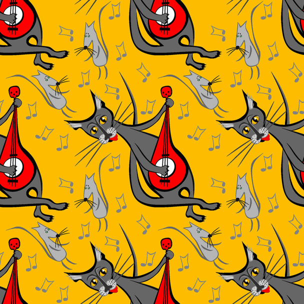 Seamless pattern, endless texture on a square background - cat with guitar and dancing mice - graphics. Party, fun, dancing, music, animals. Design elements. Background for website, blog, wallpaper, textiles, packaging. - Вектор,изображение