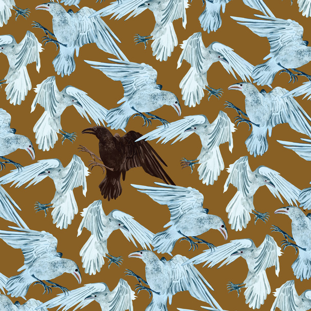 Pattern with black and white ravens. Hand drawn vector. - Vettoriali, immagini