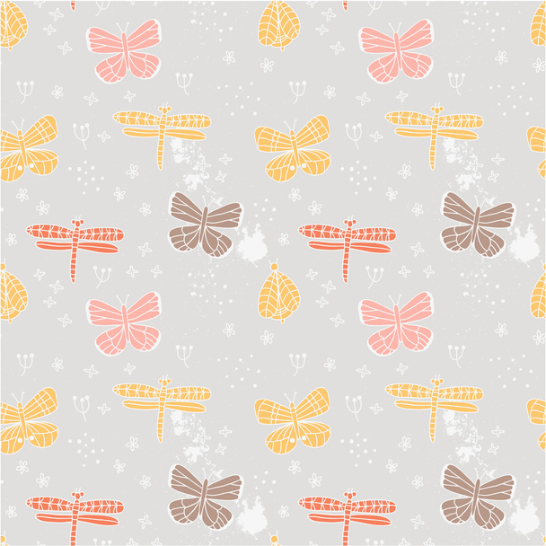 Cute hand drawn pattern with butterfly and flower. - Vector, Image