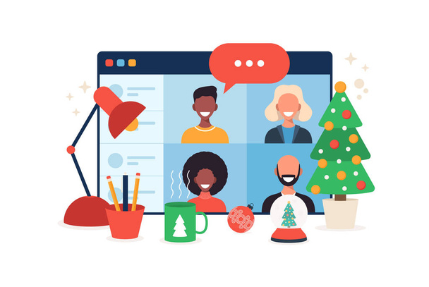 Online Christmas celebration illustration on tablet. Merry Christmas party new normal concept with conference. A group of people in winter suits meet online via video conference. - Vector, Image