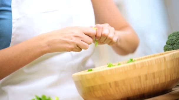 Chica en el mostrador de cocina preparando hojas de ensalada
 - Imágenes, Vídeo