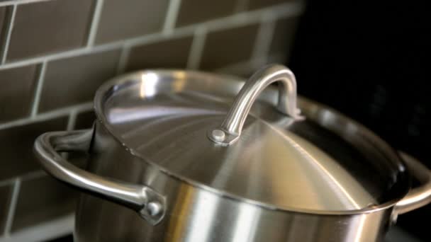 Steam coming from stainless steel saucepan - Footage, Video