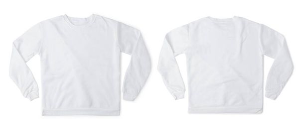Білий светр макет спереду і ззаду використовується як шаблон дизайну, ізольований на білому тлі з відсічним контуром
. - Фото, зображення