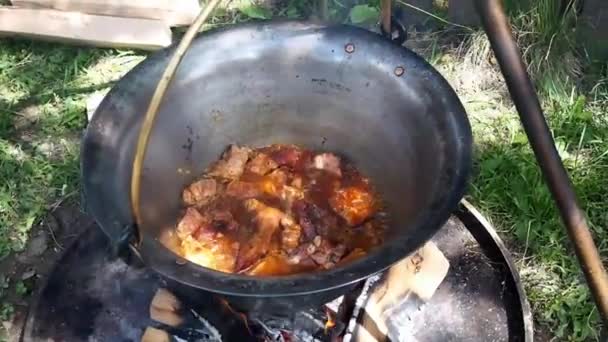 Preparing goulash in a cauldron - Video, Çekim