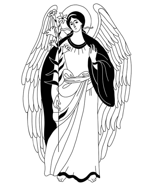 天使ガブリエルとユリ-天の使徒。ベクトル装飾イラスト。宗教概念カトリックと正統派。啓示の天使,聖アーチャネルガブリエルと放棄 - ベクター画像
