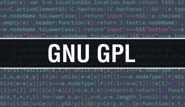 GNU GPL concept illustration using code for developing programs and app. Código del sitio web de GNU GPL con etiquetas coloridas en la vista del navegador sobre fondo oscuro. GNU GPL sobre código informático binario, backgroun - Foto, imagen