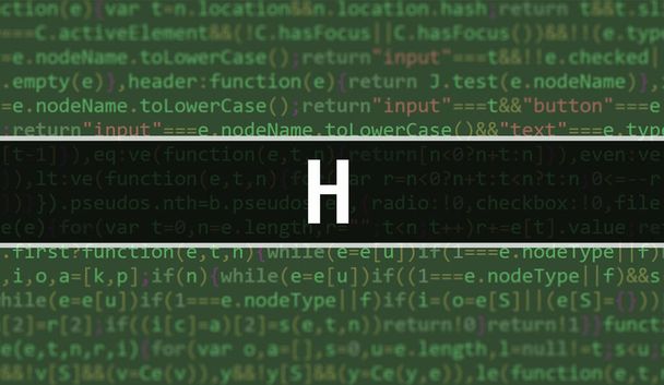 H concept illustratie met behulp van code voor het ontwikkelen van programma 's en app. H website code met kleurrijke tags in browser weergave op donkere achtergrond. H op binaire computercode, backgroun - Foto, afbeelding