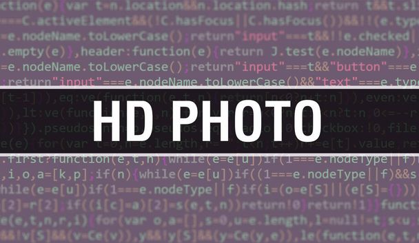 HD Photo concept illustration using code for developing programs and app. HD Photo website code with colourful tags in browser view on dark background. HD Photo on binary computer code, backgroun - Photo, Image