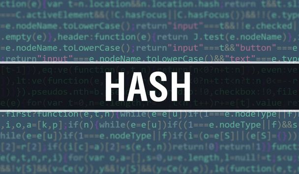 Illustrazione del concetto di hash utilizzando il codice per lo sviluppo di programmi e app. Codice del sito web Hash con tag colorati nella vista del browser su sfondo scuro. Hash su codice binario del computer, backgroun - Foto, immagini