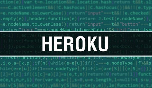 Ілюстрація концепції Heroku використовує код для розробки програм і додатків. Код веб-сайту Heroku з кольоровими тегами в браузері на темному тлі. Heroku на бінарному комп'ютерному коді, backgroun - Фото, зображення
