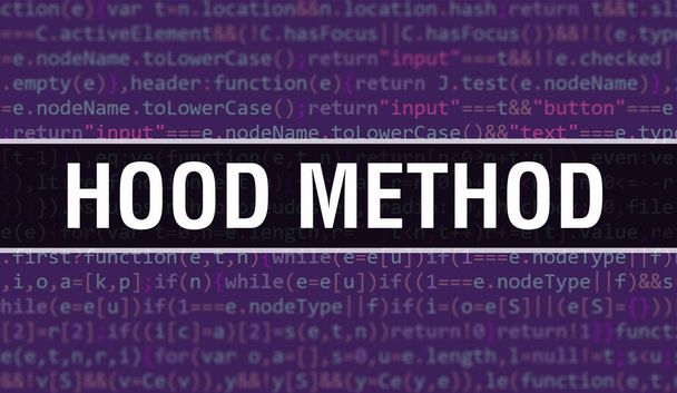 HOOD метод ілюстрація з використанням коду для розробки програм і додатків. Код HOOD-методу з кольоровими тегами в браузері на темному тлі. HOOD метод на бінарному комп'ютерному коді - Фото, зображення