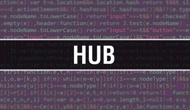 Abbildung des Hubkonzepts mittels Code für die Entwicklung von Programmen und Apps. Hub-Website-Code mit bunten Tags in der Browser-Ansicht auf dunklem Hintergrund. Hub auf binärem Computercode, Hintergrund - Foto, Bild