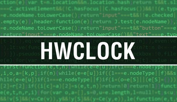 Koncepce Hwclock ilustrace pomocí kódu pro vývoj programů a aplikací. Hwclock kód webové stránky s barevnými tagy v prohlížeči pohled na tmavém pozadí. Hodiny v binárním kódu počítače, backgroun - Fotografie, Obrázek