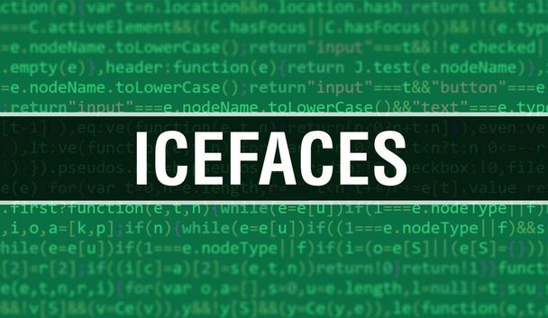 Концептуальная иллюстрация ICEfaces с использованием кода для разработки программ и приложений. Код веб-сайта ICEfaces с яркими тегами в браузере на темном фоне. ICEfaces on binary computer code, backgroun - Фото, изображение