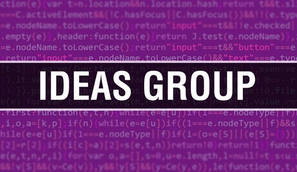 Ilustracja koncepcji grupy IDEAS przy użyciu kodu do tworzenia programów i aplikacji. Kod strony internetowej grupy IDEAS z kolorowymi znacznikami w widoku przeglądarki na ciemnym tle. Grupa IDEAS na binarnym kodzie komputera - Zdjęcie, obraz