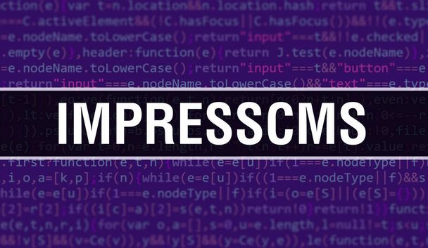ImpressCMS ilustracja koncepcyjna przy użyciu kodu do tworzenia programów i aplikacji. Kod strony ImpressCMS z kolorowymi tagami w widoku przeglądarki na ciemnym tle. ImpressCMS na binarnym kodzie komputera - Zdjęcie, obraz