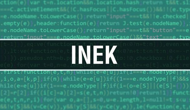 Illustration de concept INEK utilisant le code pour le développement de programmes et d'applications. Code du site INEK avec des balises colorées dans la vue du navigateur sur fond sombre. INEK sur code informatique binaire, backgroun - Photo, image