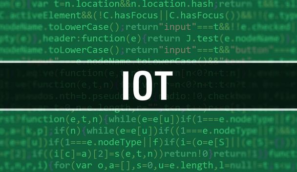 IoT tekst napisany na Programowanie kod abstrakcyjny technologii tło programisty i skrypt komputerowy. Koncepcja IoT kodu na monitorze komputera. Strona internetowa dotycząca programowania IoT kodowania - Zdjęcie, obraz