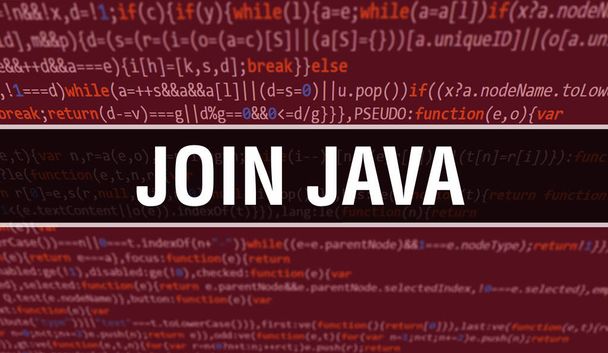 Únase a la ilustración del concepto Java utilizando código para desarrollar programas y aplicaciones. Únete al código del sitio web Java con etiquetas de colores en la vista del navegador en fondo oscuro. Unirse a Java en el código informático binario, backgroun - Foto, imagen