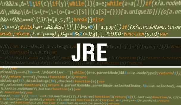 JRE koncepció illusztráció kóddal programok és alkalmazások fejlesztéséhez. JRE weboldal kód színes címkékkel böngészőnézetben sötét háttérrel. JRE bináris számítógépes kód, backgroun - Fotó, kép