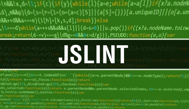 JSLintの概念図は、プログラムやアプリを開発するためのコードを使う。暗い背景にブラウザビューでカラフルなタグとJSLintのウェブサイトコード。JSLint on binary Computer Code, backgrown - 写真・画像