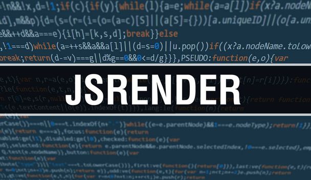 Концептуальная иллюстрация JsRender с использованием кода для разработки программ и приложений. Код сайта JsRender с яркими тегами в браузере на темном фоне. JsRender on binary computer code, backgroun - Фото, изображение