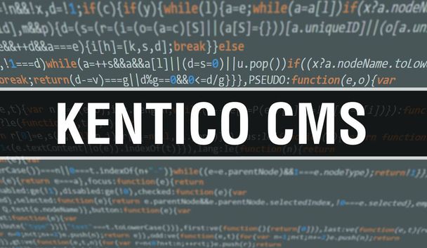 Ilustración del concepto Kentico CMS usando código para desarrollar programas y aplicaciones. Kentico CMS código del sitio web con etiquetas de colores en la vista del navegador en el fondo oscuro. Kentico CMS en código informático binario - Foto, imagen