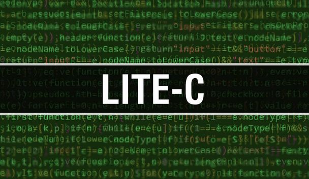 Lite-C концептуальна ілюстрація з використанням коду для розробки програм і додатків. Код веб-сайту Lite-C з барвистими мітками у перегляді браузера на темному тлі. Lite-C на двійковому комп'ютерному коді, backgroun
 - Фото, зображення