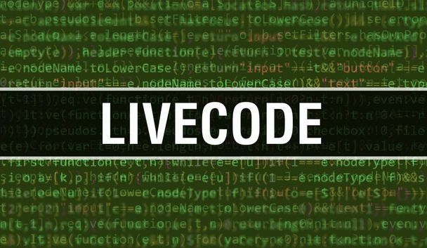 Ilustração do conceito LiveCode usando código para desenvolver programas e aplicativos. Código do site LiveCode com etiquetas coloridas na exibição do navegador em fundo escuro. LiveCode em código de computador binário, backgroun - Foto, Imagem