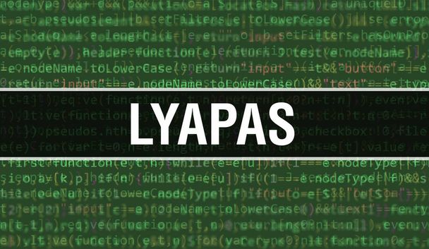 Ilustración del concepto LYaPAS utilizando código para desarrollar programas y aplicaciones. Código del sitio web LYaPAS con etiquetas de colores en la vista del navegador sobre fondo oscuro. LYaPAS en código informático binario, backgroun - Foto, imagen