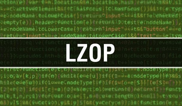 Ilustración concepto lzop utilizando código para el desarrollo de programas y aplicaciones. lzop código del sitio web con etiquetas de colores en la vista del navegador en el fondo oscuro. lzop en el código informático binario, backgroun - Foto, Imagen