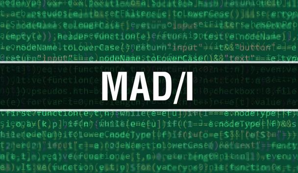 MAD / I koncept ilustrace pomocí kódu pro vývoj programů a aplikací. MAD / I kód webové stránky s barevnými štítky v zobrazení prohlížeče na tmavém pozadí. MAD / I na binárním kódu počítače, backgroun - Fotografie, Obrázek