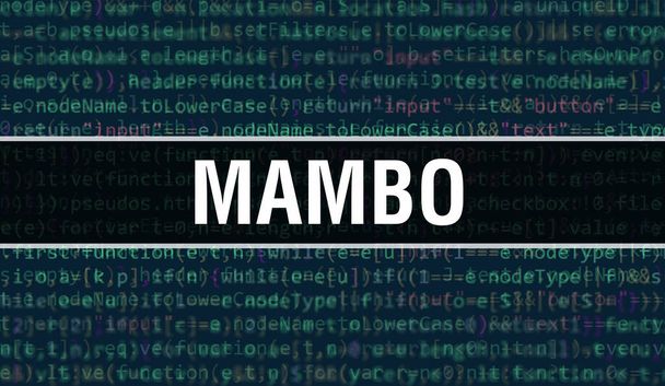 Εικόνα έννοιας Mambo χρησιμοποιώντας κώδικα για την ανάπτυξη προγραμμάτων και εφαρμογών. Κώδικας ιστοσελίδας Mambo με πολύχρωμες ετικέτες στην προβολή του προγράμματος περιήγησης σε σκούρο φόντο. Mambo σε δυαδικό κώδικα υπολογιστών, backgroun - Φωτογραφία, εικόνα