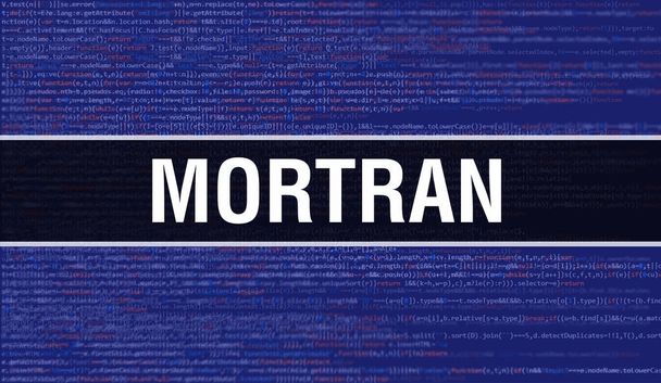 Mortran koncepció illusztráció kóddal programok és alkalmazások fejlesztéséhez. Mortran weboldal kód színes címkékkel a böngésző nézet sötét háttérrel. Mortran bináris számítógépes kód, backgroun - Fotó, kép
