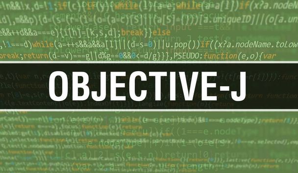 Концептуальная иллюстрация Objective-J с использованием кода для разработки программ и приложений. Код сайта Objective-J с яркими тегами в браузере на темном фоне. Obamacare-J на бинарном компьютерном коде - Фото, изображение