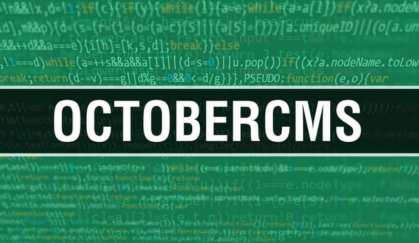 10月プログラムやアプリを開発するためのコードを使用したCMSの概念図。暗い背景にブラウザビューでカラフルなタグを持つ10月CMSのウェブサイトコード。バイナリコンピュータコード上の10月CMS - 写真・画像