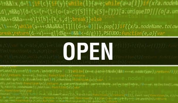 Open concept illustration using code for developing programs and app. Open website code with colourful tags in browser view on dark background. Open on binary computer code, backgroun - Photo, Image