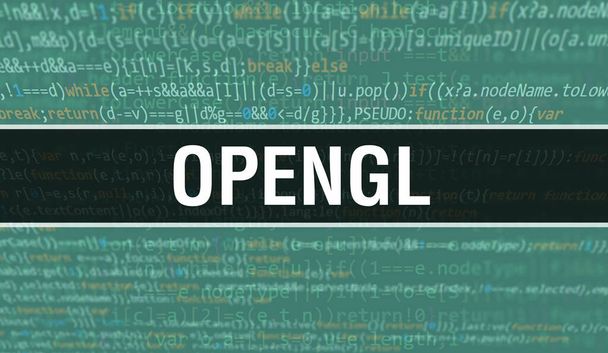 Ilustración del concepto OpenGL usando código para desarrollar programas y aplicaciones. Código del sitio web OpenGL con etiquetas de colores en la vista del navegador sobre fondo oscuro. OpenGL en código informático binario, backgroun - Foto, imagen